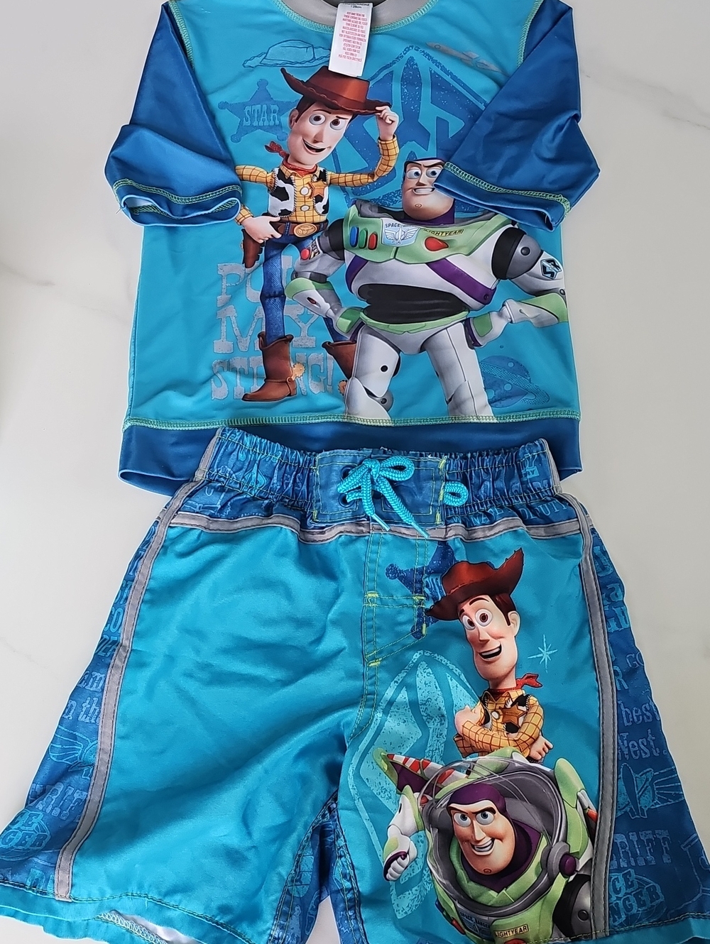 Disney Kids Toy Story Woody Buzz Rash Guard Swim Top Sz 7/8 Bottom Sz 5/6